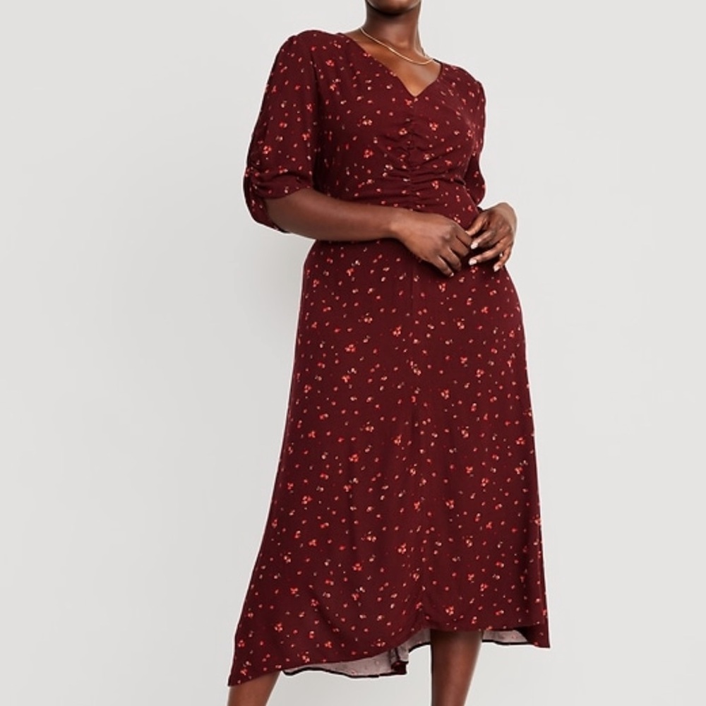 Old Navy Puff-Sleeve V-Neck Crepe Midi Dress in Burgundy